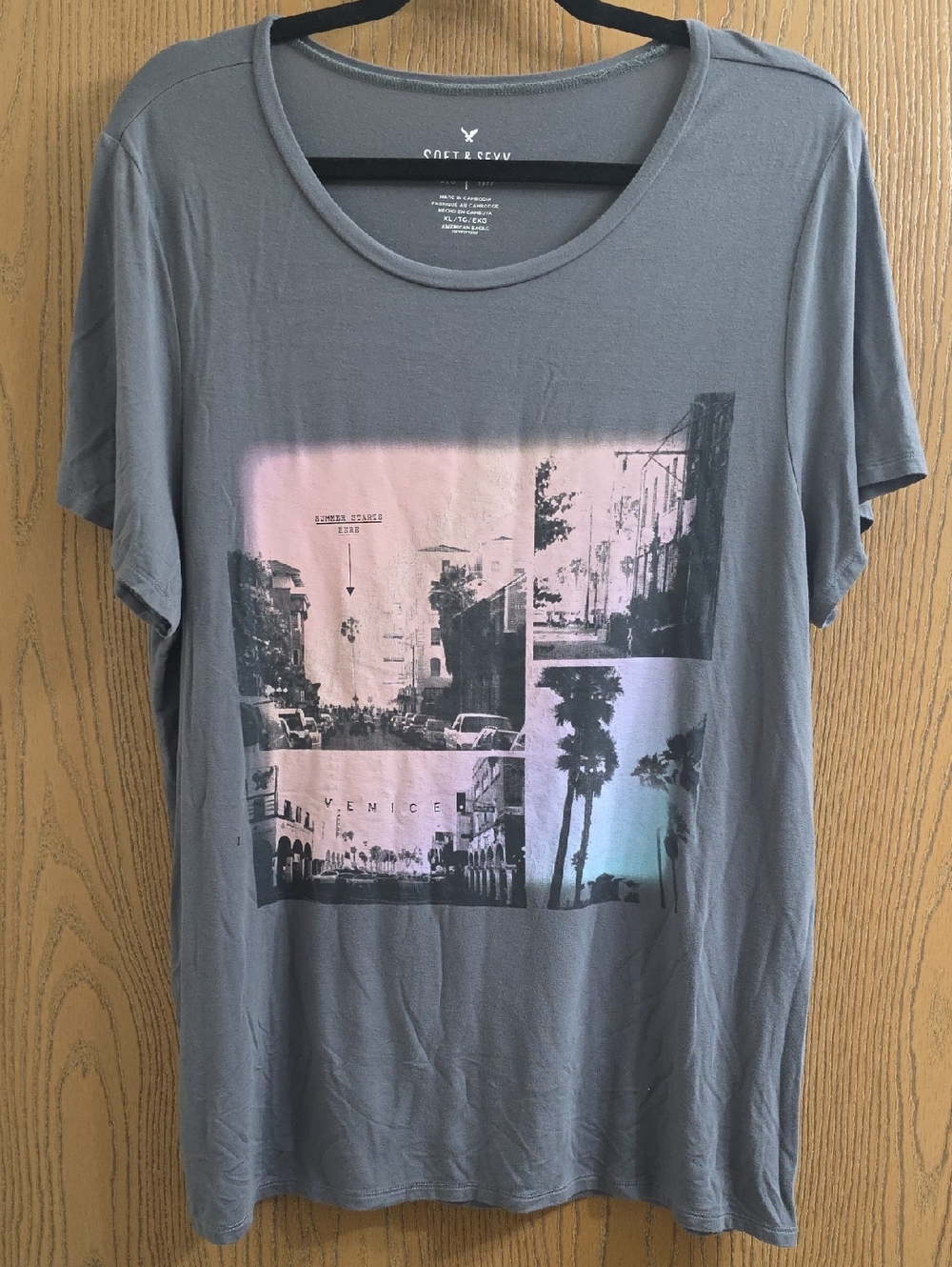 American Eagle Outfitters Gray Short-Sleeve Graphic Tee with Pastel Print